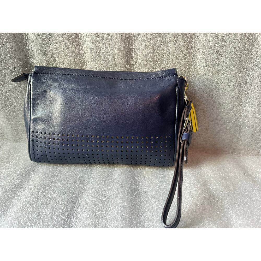 Coach Legacy Navy Bright Neon Yellow Perforated Leather Wristlet Clutch Zip - Picture 3 of 7
